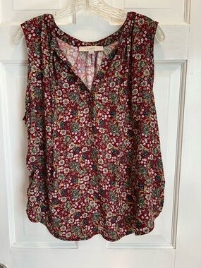 LOFT Red Floral Sleeveless Blouse V-Neck Lightweight Women’s XL